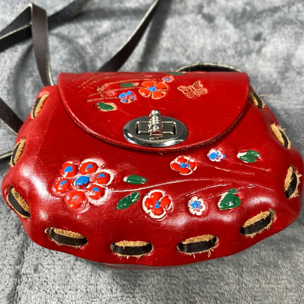 Vintage Genuine Leather Crossbody Shoulder Bag Red Handpainted Floral Boho Purse